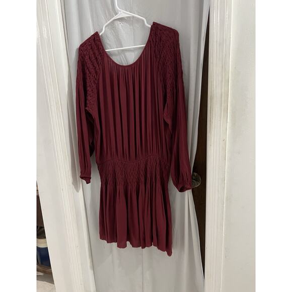 Free People Burgundy Peasant Smocked Mini Dress Sz S Boho Oversized - Picture 8 of 8